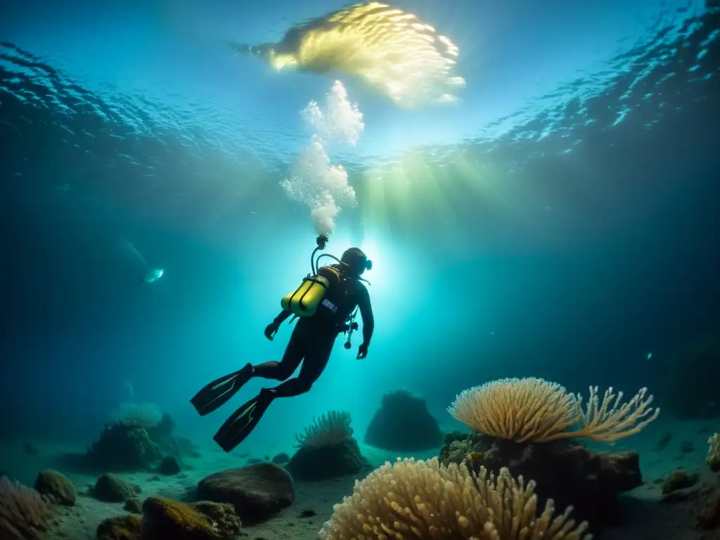 Sublime buceo nocturno en Noruega: un buzo iluminado por luces submarinas, rodeado de criaturas bioluminiscentes en un fiordo