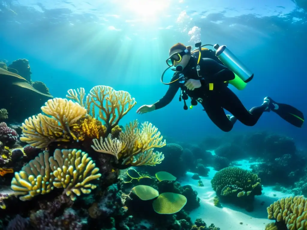 Exploración submarina de arrecife de coral con avances en aleaciones metálicas para buceo