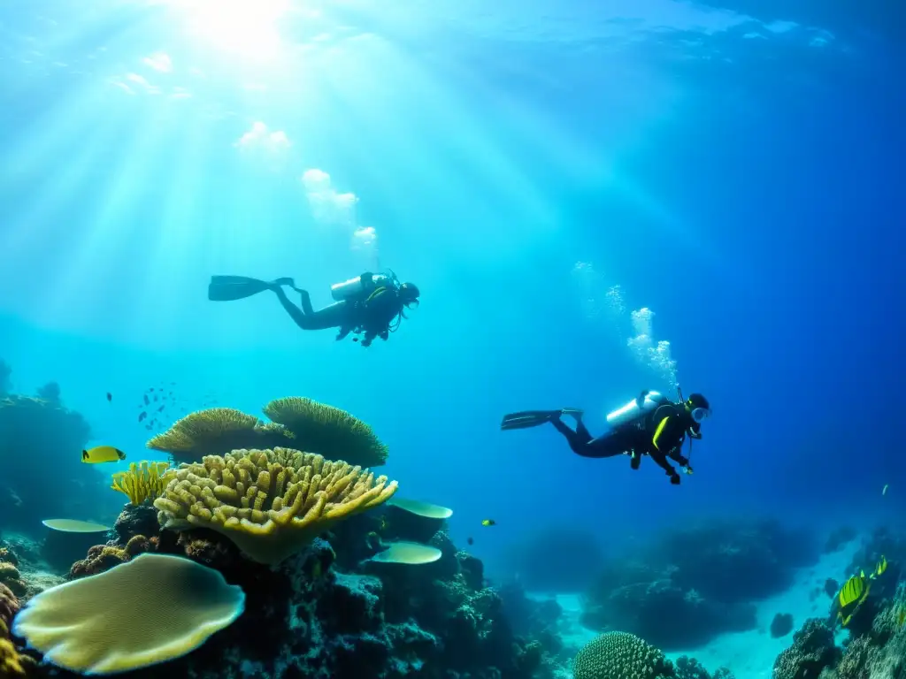 Exploración submarina de un arrecife de coral, con avanzado equipo de buceo y avances en aleaciones metálicas para buceo