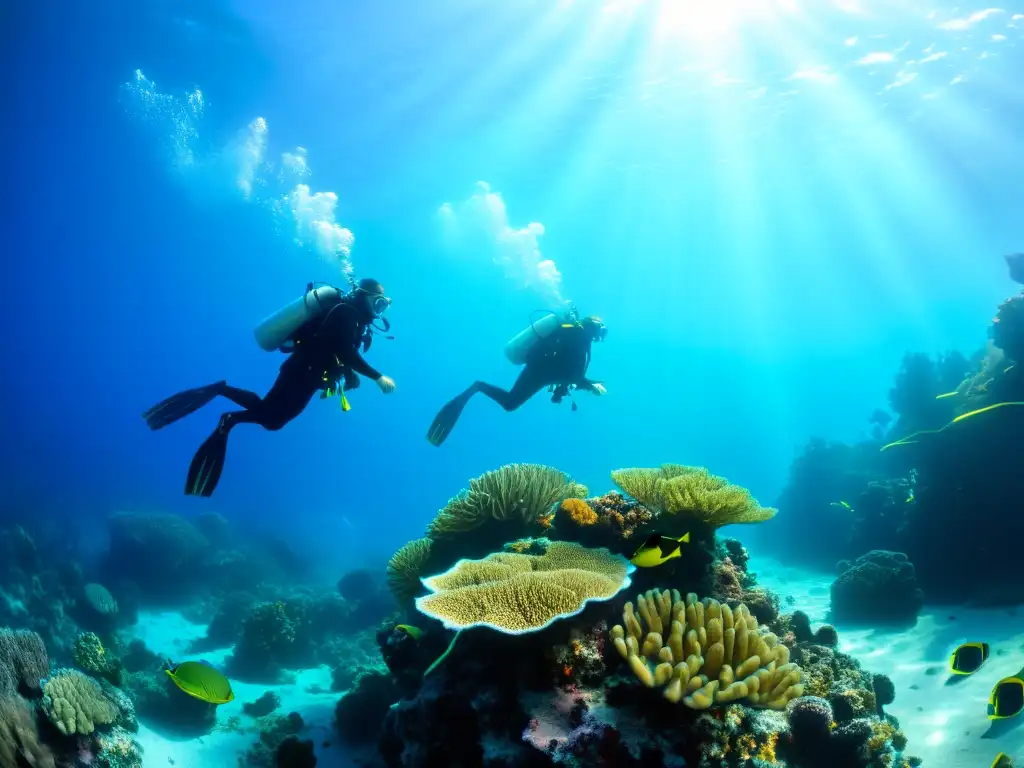 Exploración submarina en arrecife de coral, con intercomunicadores de buceo avanzados, bajo la luz solar filtrándose en el agua azul