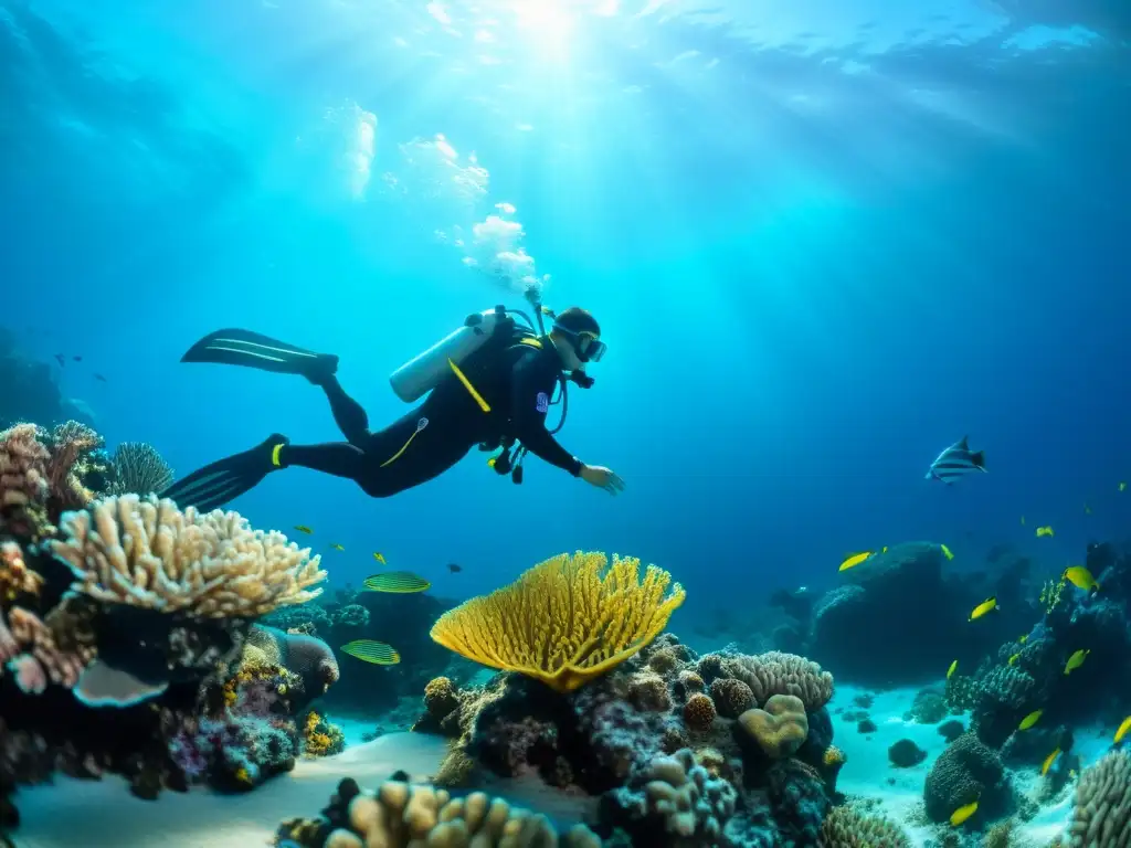 Exploración submarina en arrecife de coral, con luz filtrándose entre el agua, vida marina vibrante y detallada