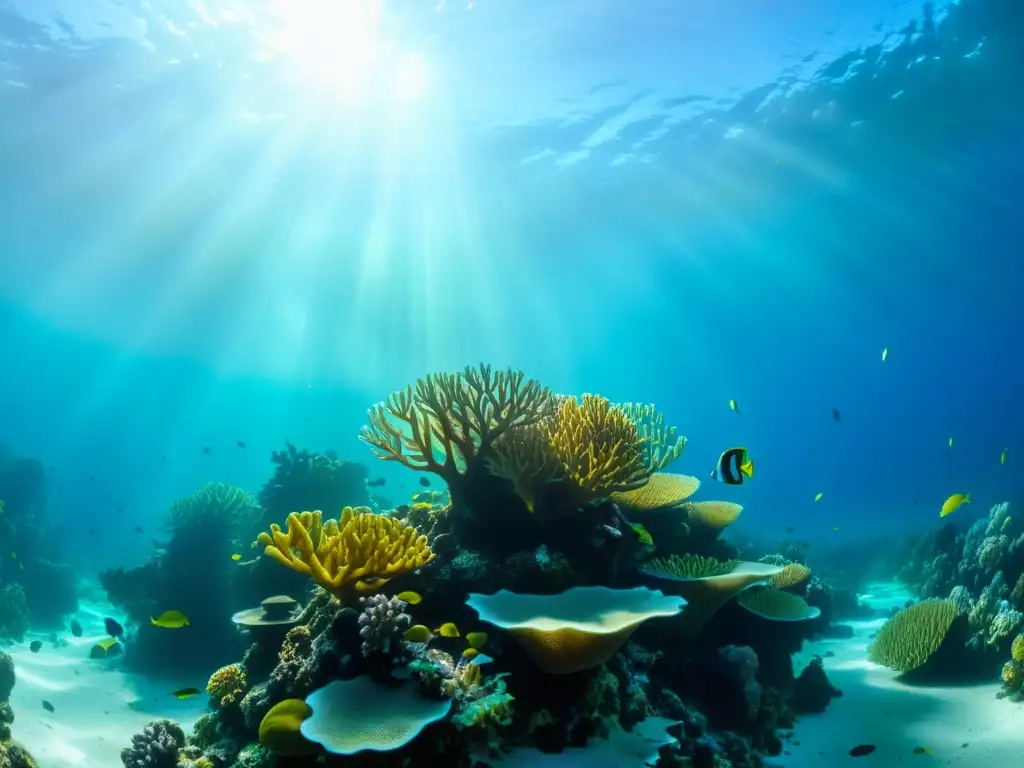 Fotografía submarina que muestra un arrecife de coral vibrante y diverso, con peces, plantas marinas y formaciones de coral