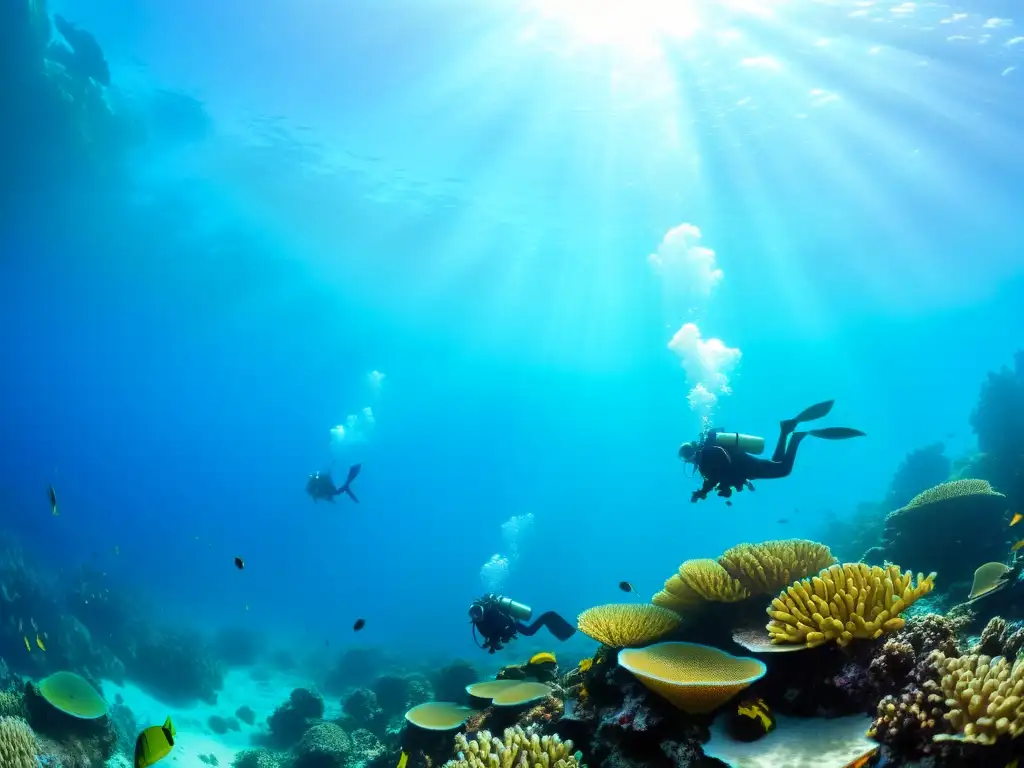 Exploración submarina de un arrecife de coral con vida marina vibrante, buceadores en armonía, beneficios de la lenta digestión de carbohidratos