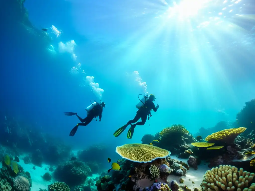 Exploración submarina en arrecife de coral, resaltando la importancia de la educación continua y la prevención de accidentes en el buceo