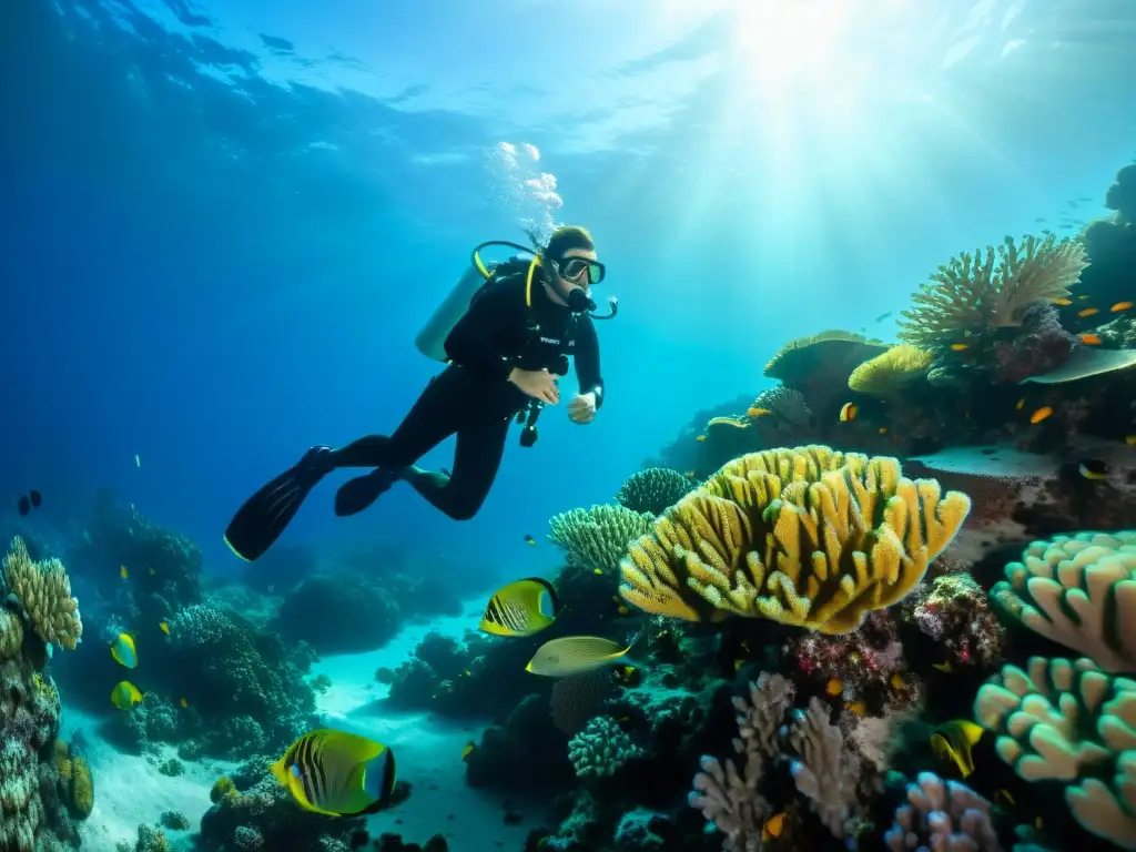 Exploración submarina en arrecife de coral vibrante con accesorios imprescindibles para buceo, revelando la belleza del océano