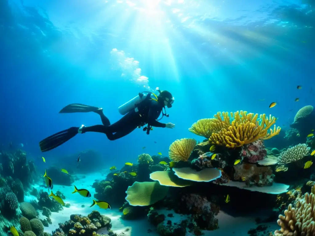 Exploración submarina en un arrecife de coral vibrante, con diversidad de peces y vida marina