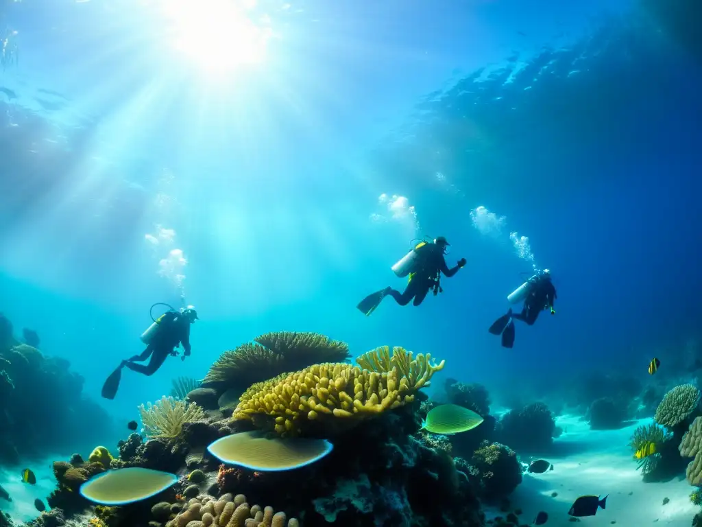 Exploración submarina de un arrecife de coral vibrante, con luz solar filtrada y vida marina colorida