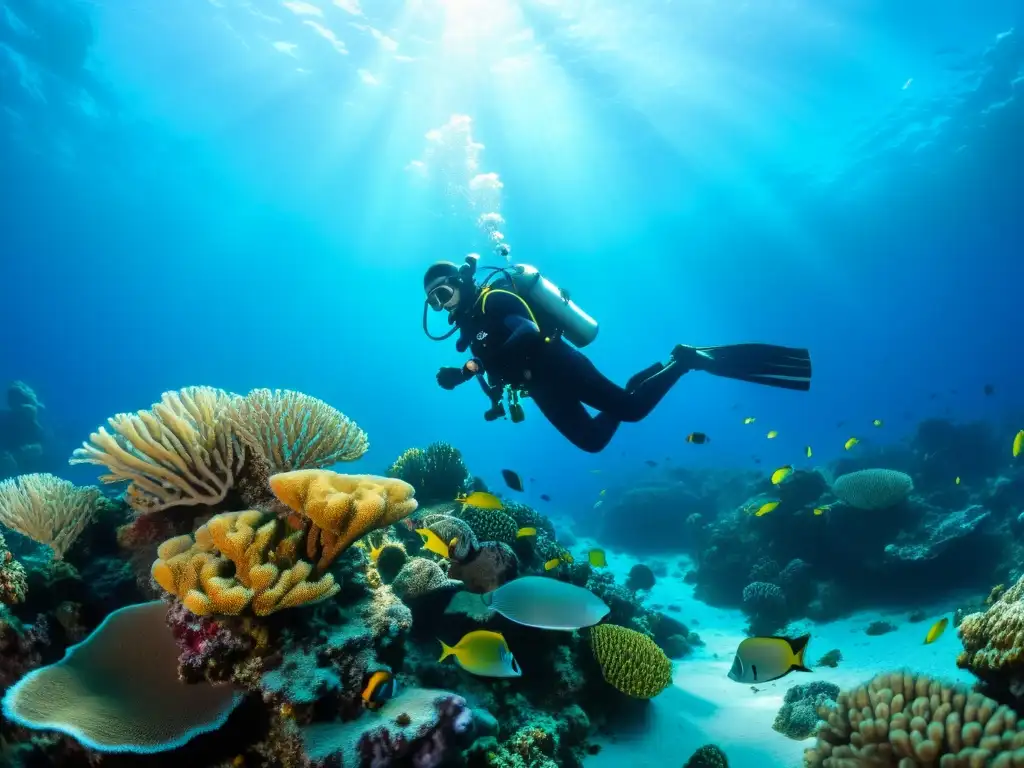 Exploración submarina en un arrecife de coral vibrante, bajo la luz del sol