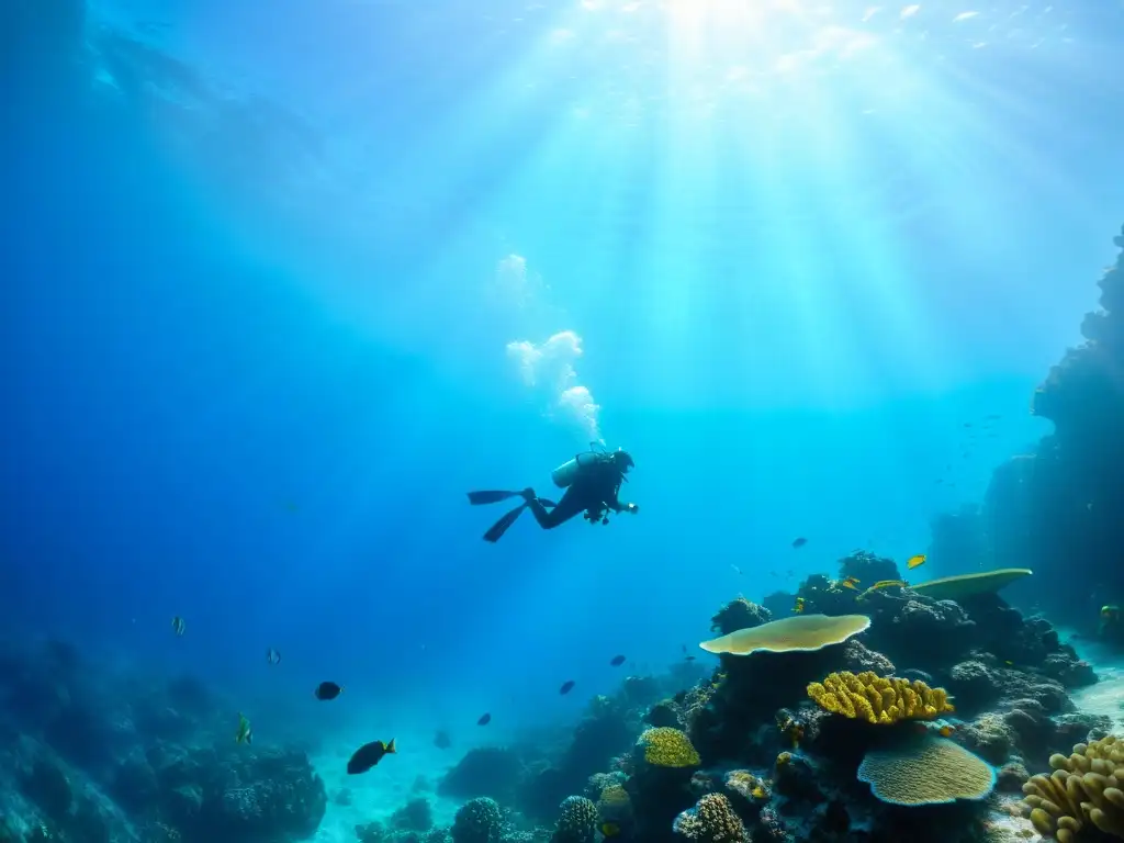 Exploración submarina cerca de arrecife vibrante, con luz solar filtrándose, creando juego de luces y sombras en el fondo marino