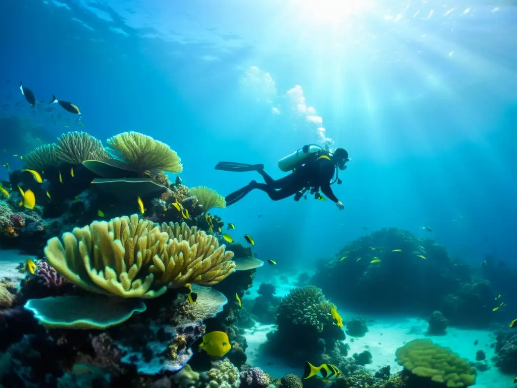 Exploración submarina en un arrecife de coral vibrante, con luz solar iluminando la vida marina