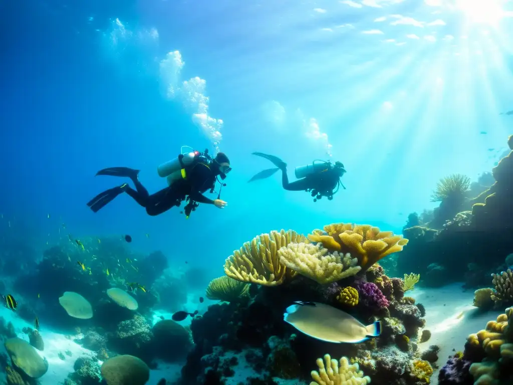 Exploración submarina en un arrecife de coral vibrante con luz solar filtrándose, rodeado de vida marina