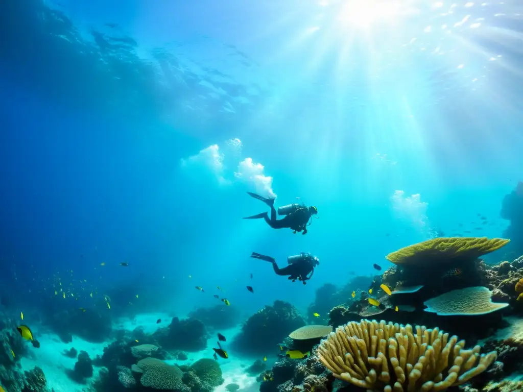 Exploración submarina en arrecife de coral vibrante con peces coloridos, creando una atmósfera de asombro y aventura