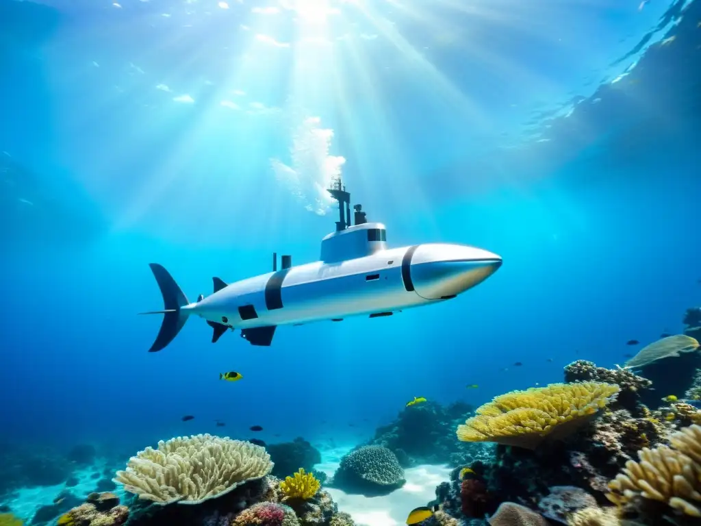 Exploración submarina automatizada: Un submarino robótico elegante y futurista se desliza graciosamente por aguas cristalinas, rodeado de vibrante vida marina y coloridos arrecifes de coral, mientras la luz del sol filtra a través del agua, creando un baile hipnotizante de luz