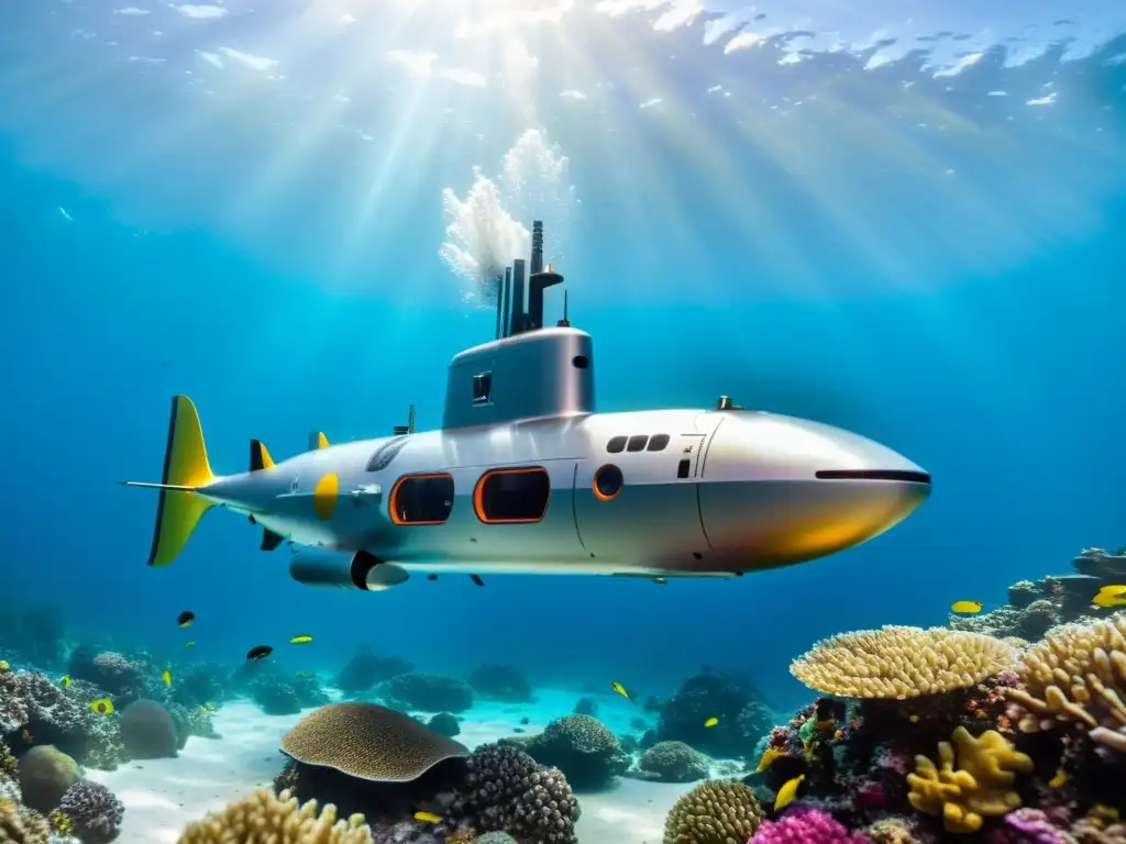 Exploración submarina automatizada: Un submarino robotizado se desliza elegante entre la vida marina y los arrecifes de coral, reflejando la luz del sol en el agua cristalina