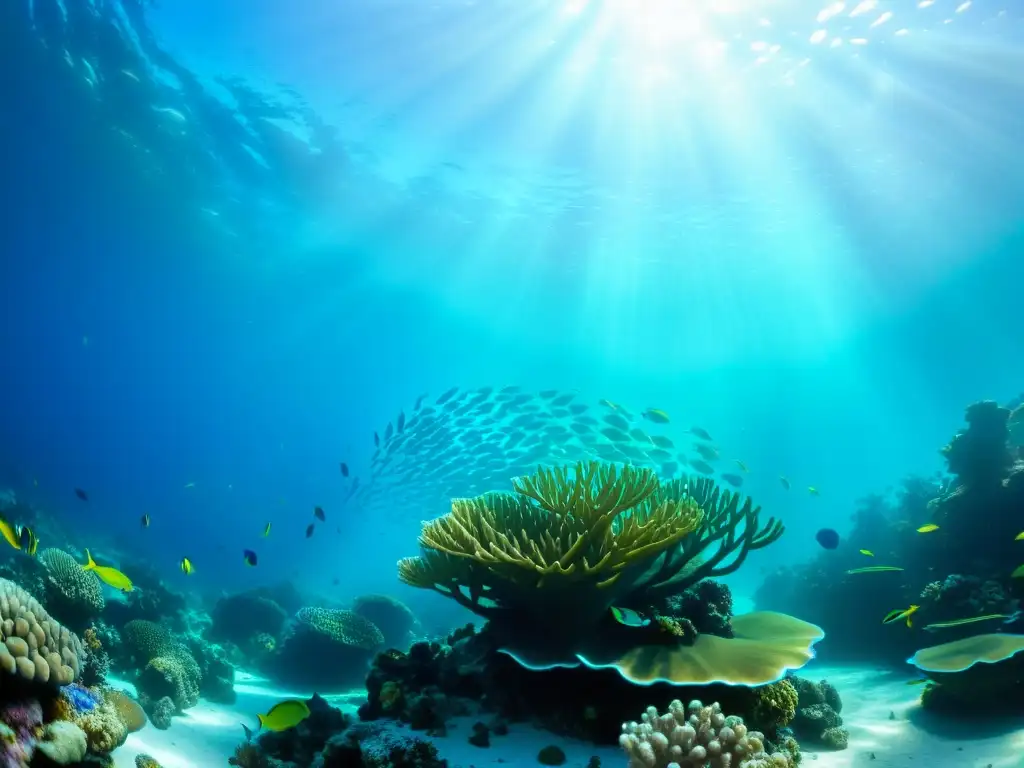 Una fotografía submarina que captura la belleza y dinamismo del arrecife de coral, con peces coloridos y una composición perspectiva impresionante