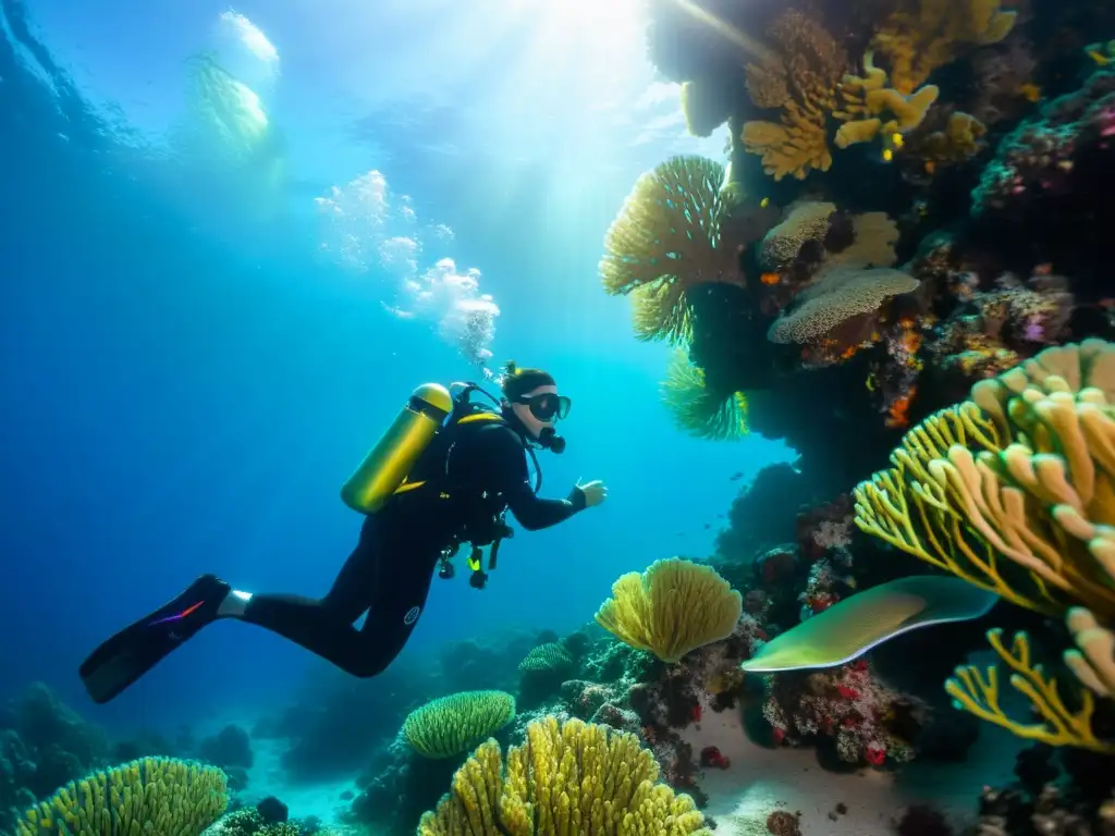 Fotografía submarina de un buceador rodeado de arrecifes de coral vibrantes y filtros de aire para buceo avanzados, con la luz solar filtrándose a través del agua y creando un juego fascinante de colores y sombras en el lecho marino