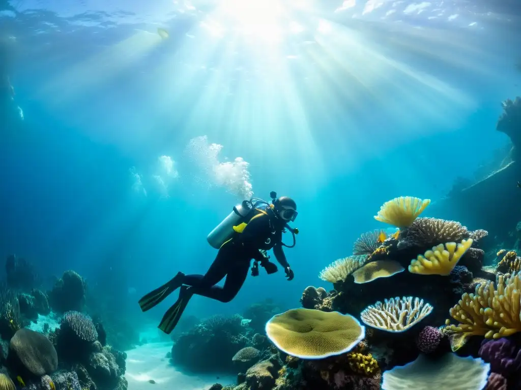 Exploración submarina con buceador rodeado de vida marina vibrante y rayos de luz