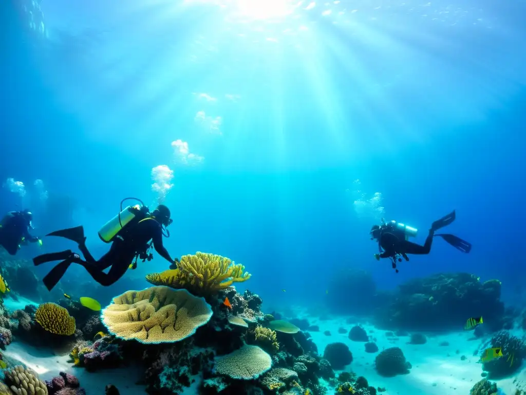 Exploración submarina de buceadores en arrecife de coral, resaltando la importancia de la educación continua en prevención de accidentes de buceo