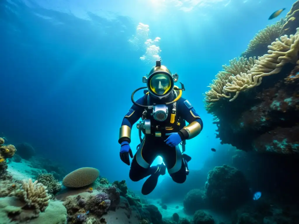 Exploración submarina con buzo en avanzado equipo de buceo de aleaciones metálicas