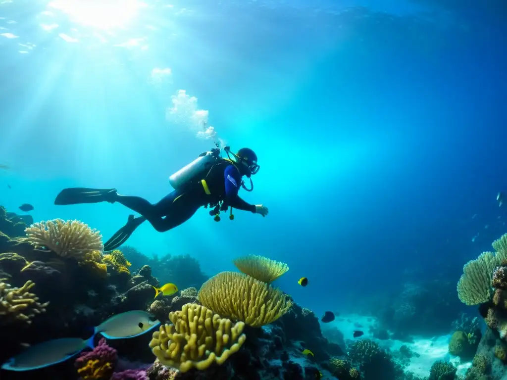 Exploración submarina con certificación buceo altamar preparación: un buzo desciende entre corales, peces y aguas cristalinas