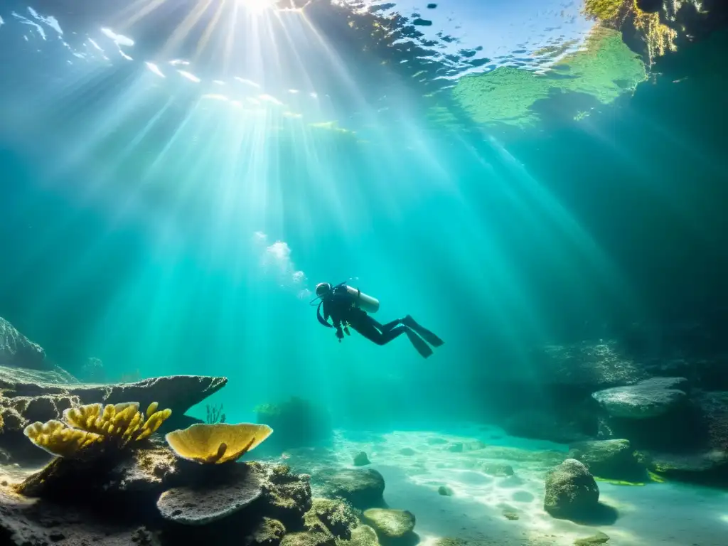 Exploración submarina en un cenote, con impresionante vida acuática y formaciones de piedra caliza