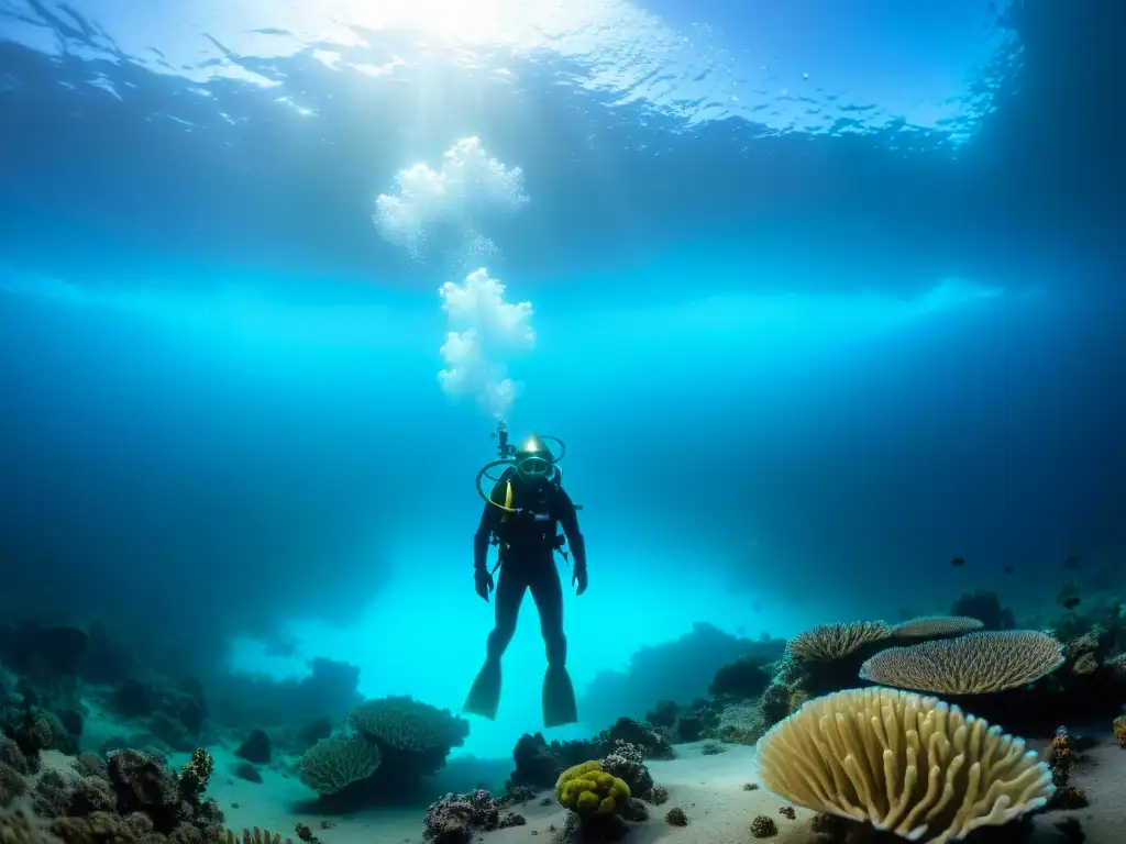 Exploración submarina en el Challenger Deep, con vida marina bioluminiscente y formaciones de coral vibrantes