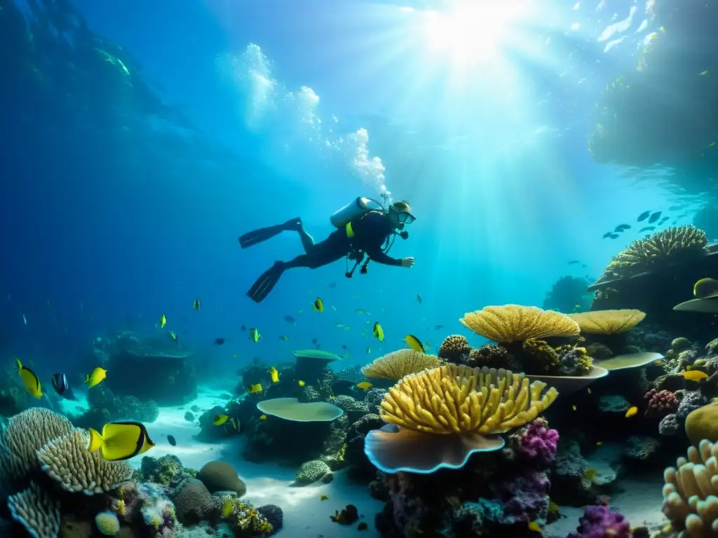 Videografía submarina en condiciones extremas: exploración de arrecife de coral vibrante con peces coloridos y vida marina, bajo la luz del sol filtrada