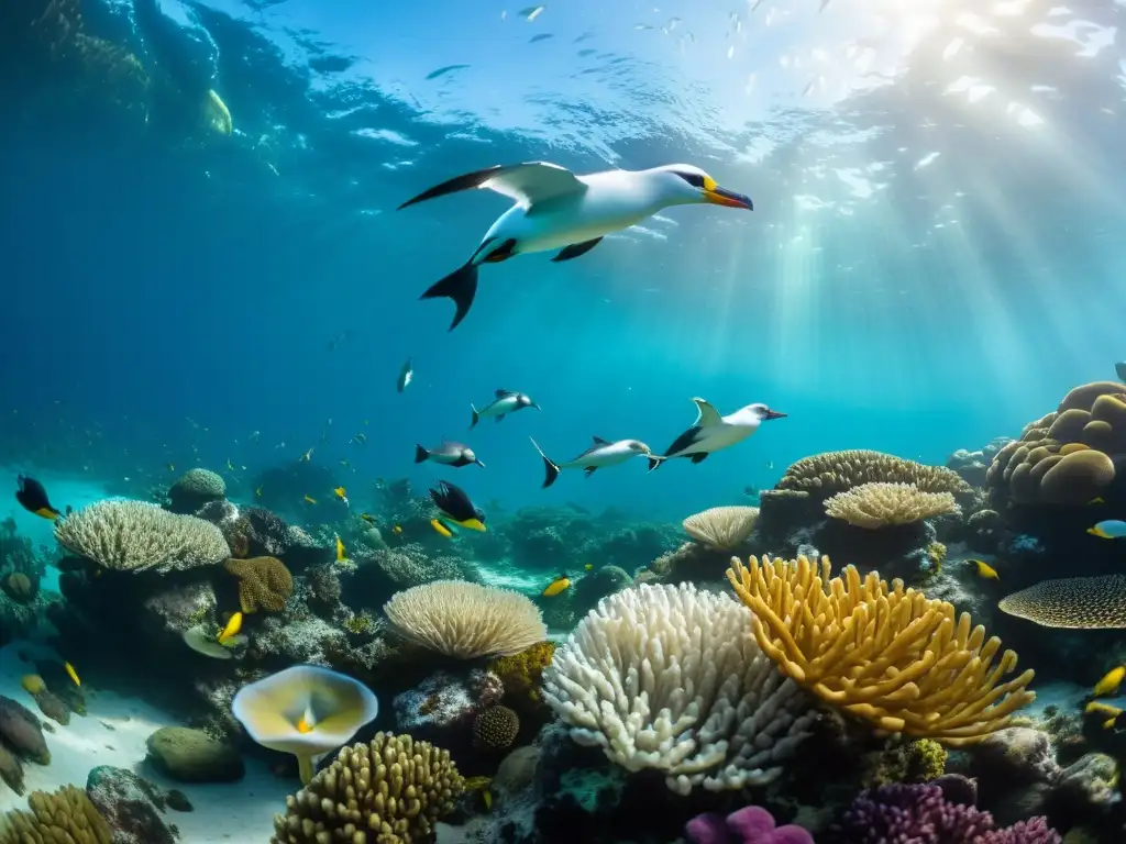 Fotografía submarina en coral vivo con aves marinas oceánicas, sensibilización sobre su conservación