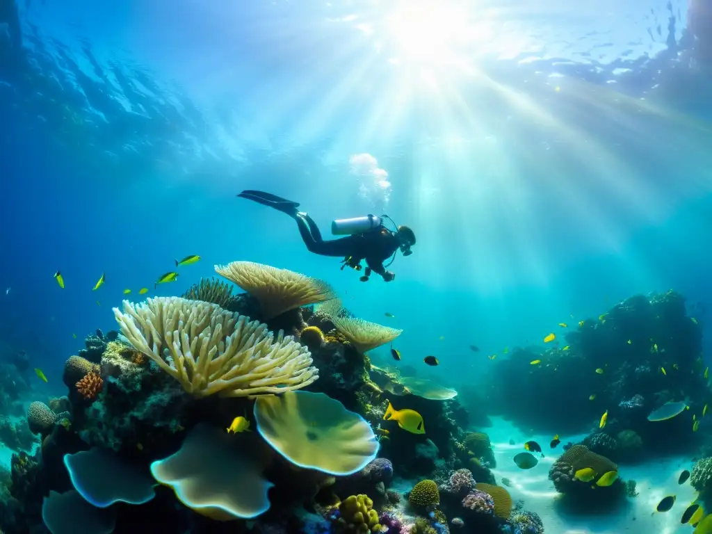 Exploración submarina con cursos de buceo con tanque en arrecife de coral vibrante, vida marina colorida y aguas cristalinas