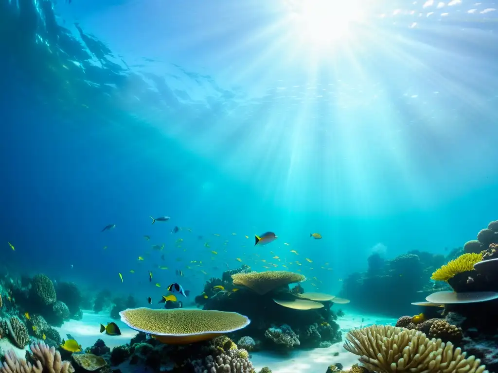 Una fotografía submarina deslumbrante muestra un vibrante arrecife de coral, peces coloridos y vida marina