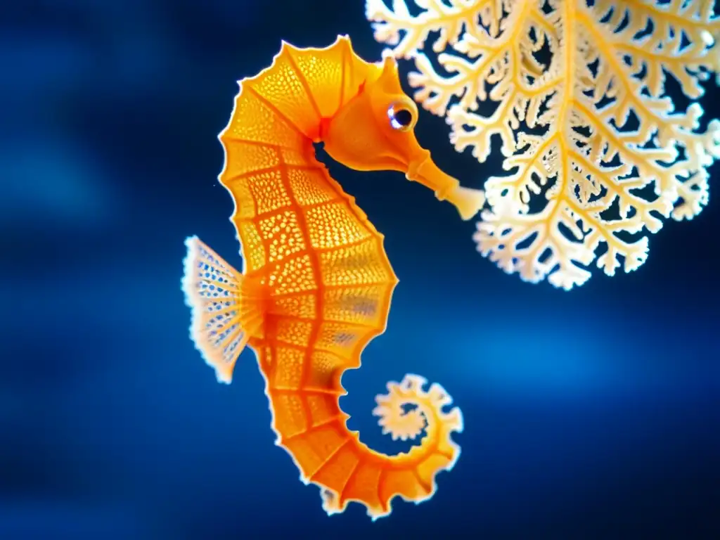 Seahorse naranja en detalle: belleza submarina Fotografía submarina de detalles macro de un hipocampo naranja aferrándose a un abanico marino, con un fondo de océano azul