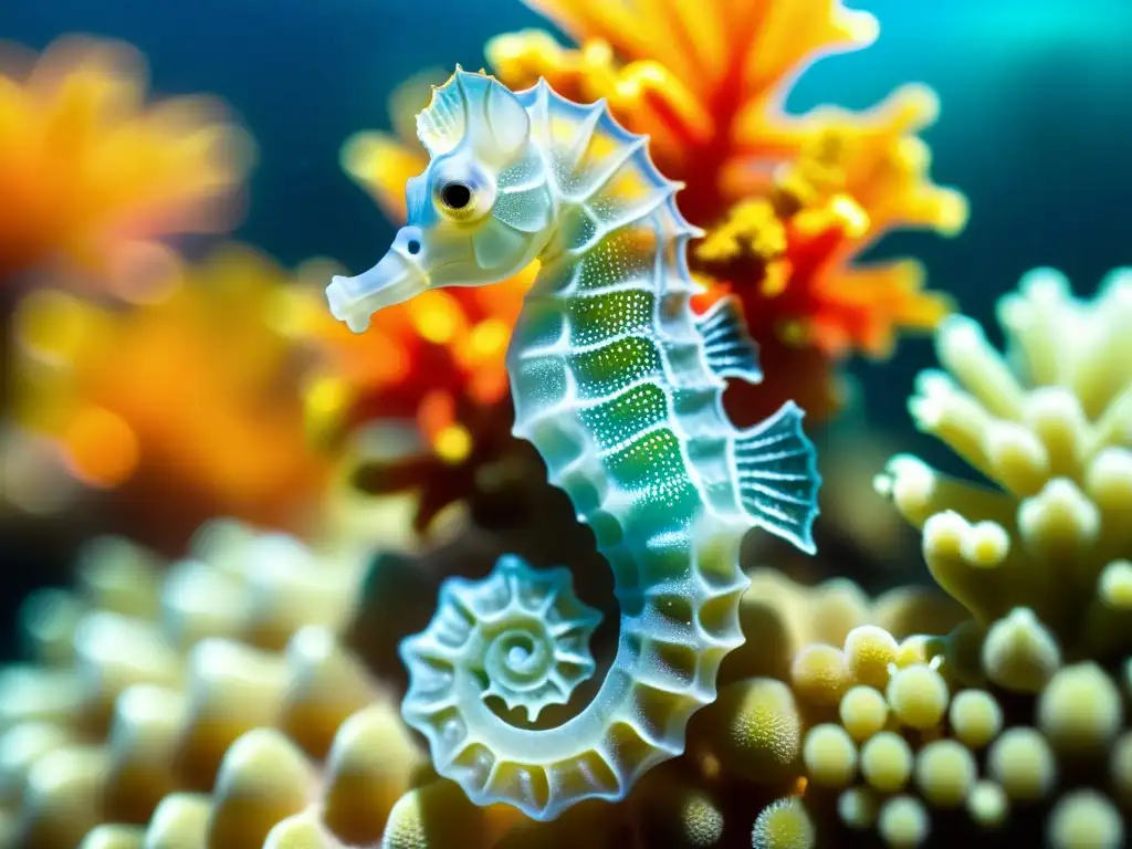 Seahorse en Coral: Belleza Submarina Fotografía submarina de detalles macro de un hipocampo aferrado a un coral colorido, con un fondo de flora y fauna marina vibrante