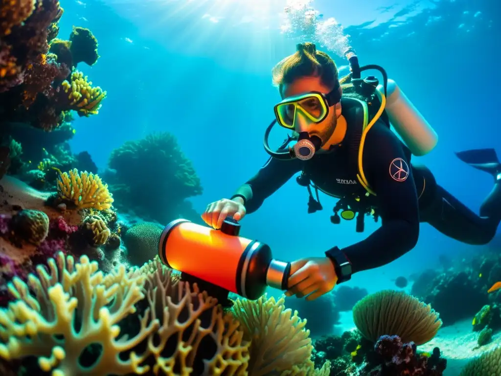 Exploración submarina con personalización equipos buceo con impresión 3D en arrecife de coral vibrante