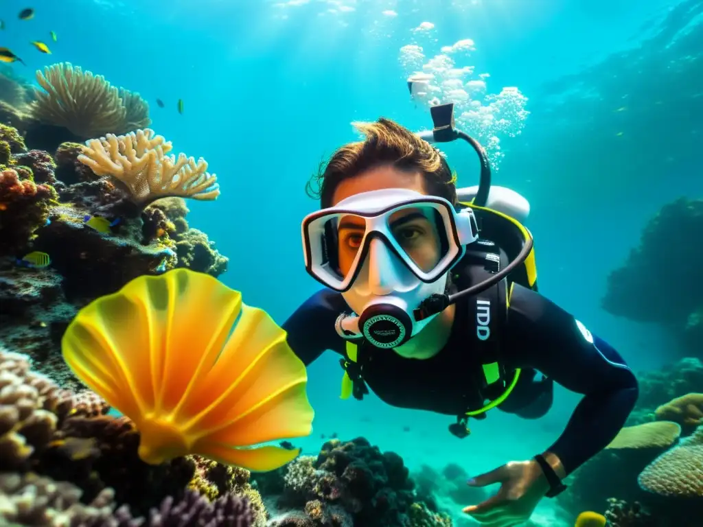 Exploración submarina con equipos de buceo personalizados con impresión 3D, en arrecife de coral vibrante