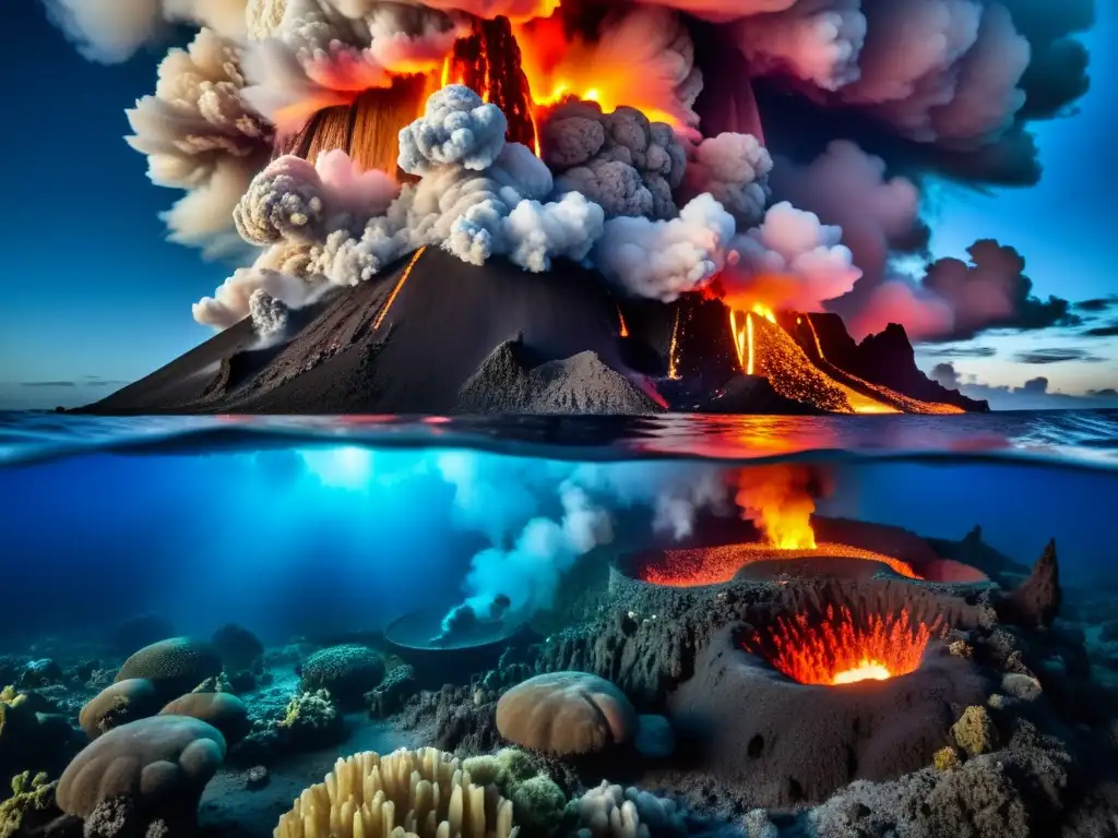 Deslumbrante erupción volcánica submarina en fosa oceánica, rodeada de vida marina y chimeneas hidrotermales