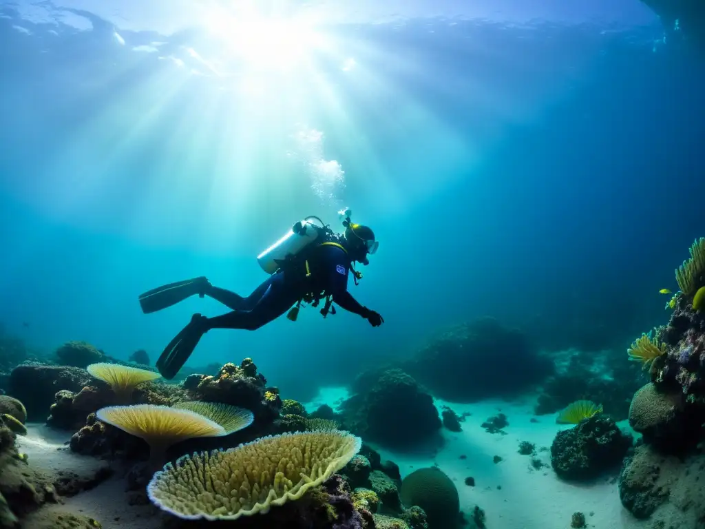 Exploración submarina en las fosas Marianas: buceo exclusivo en un paisaje alienígena iluminado por los rayos de sol