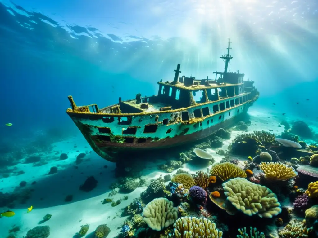 Expedición submarina naufragios Caribe: Fotografía impresionante de un naufragio rodeado de vida marina y coral vibrante en el lecho marino