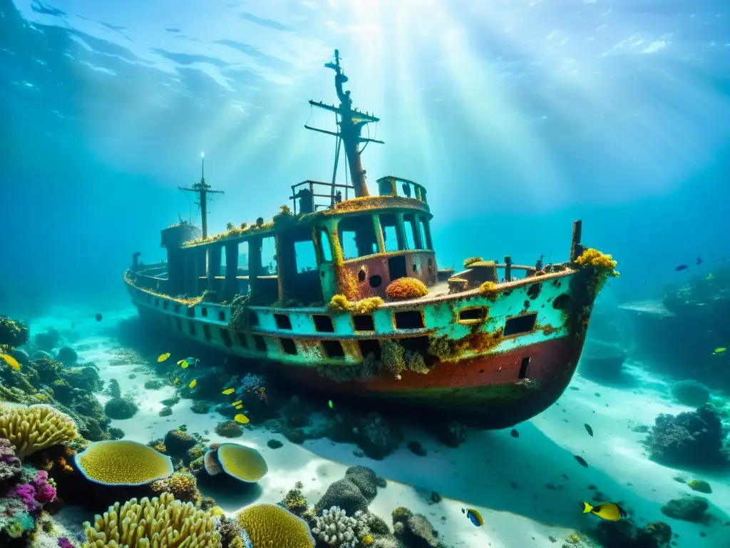 Expedición submarina naufragios Caribe: Impresionante naufragio rodeado de coral y vida marina, iluminado por la luz del sol bajo el agua