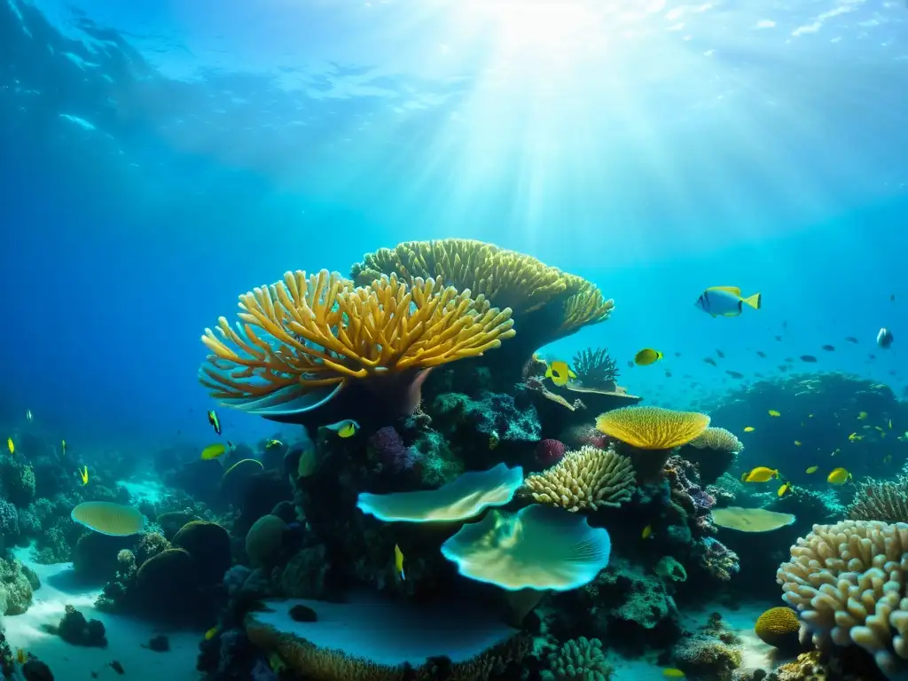 Una fotografía submarina impresionante que captura la simbiosis en la resiliencia oceánica, con un arrecife de coral lleno de vida y colores vibrantes