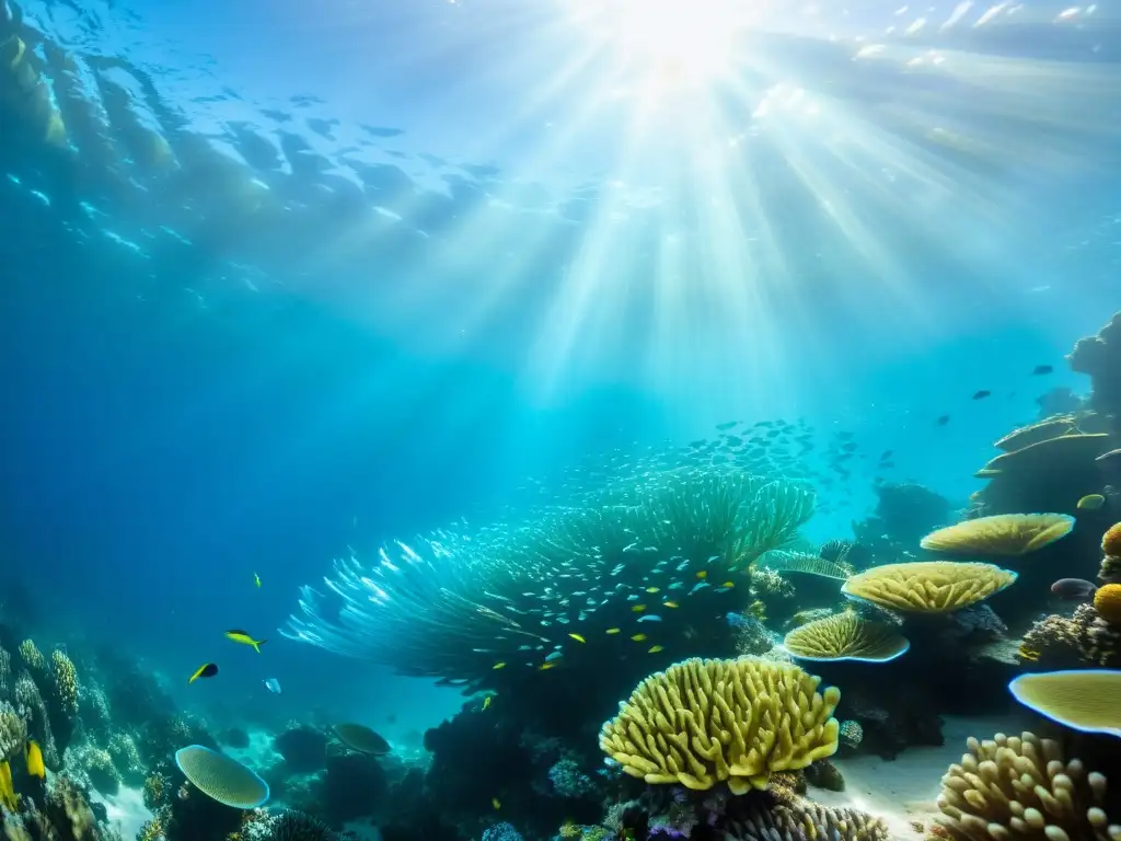 Una fotografía submarina impresionante, muestra un vibrante arrecife de coral, peces coloridos y plantas marinas