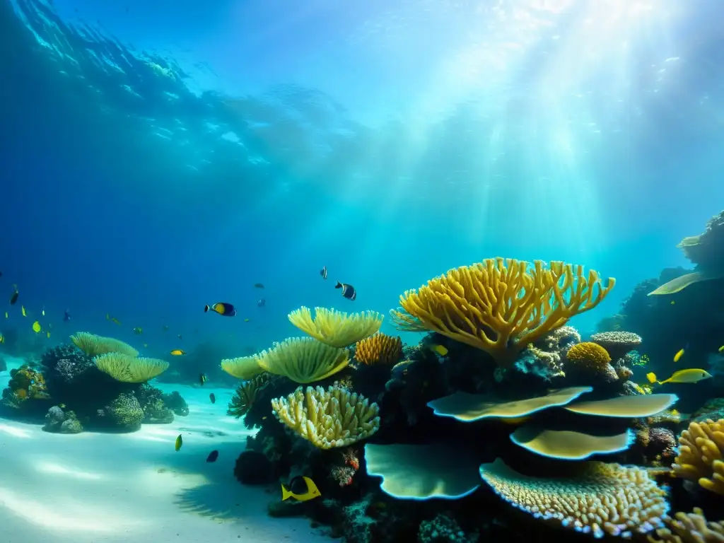 Una fotografía submarina impresionante muestra un vibrante arrecife de coral teeming con vida marina