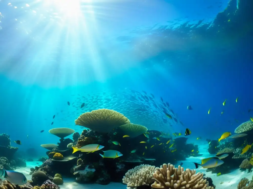 Una fotografía submarina impresionante muestra un vibrante arrecife de coral lleno de vida marina