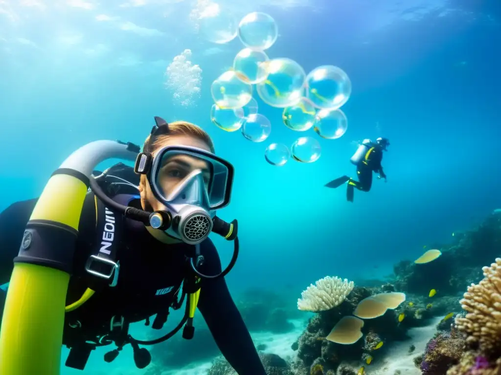 Exploración submarina con innovaciones en sistemas de respiración, rodeado de vida marina y burbujas ascendentes