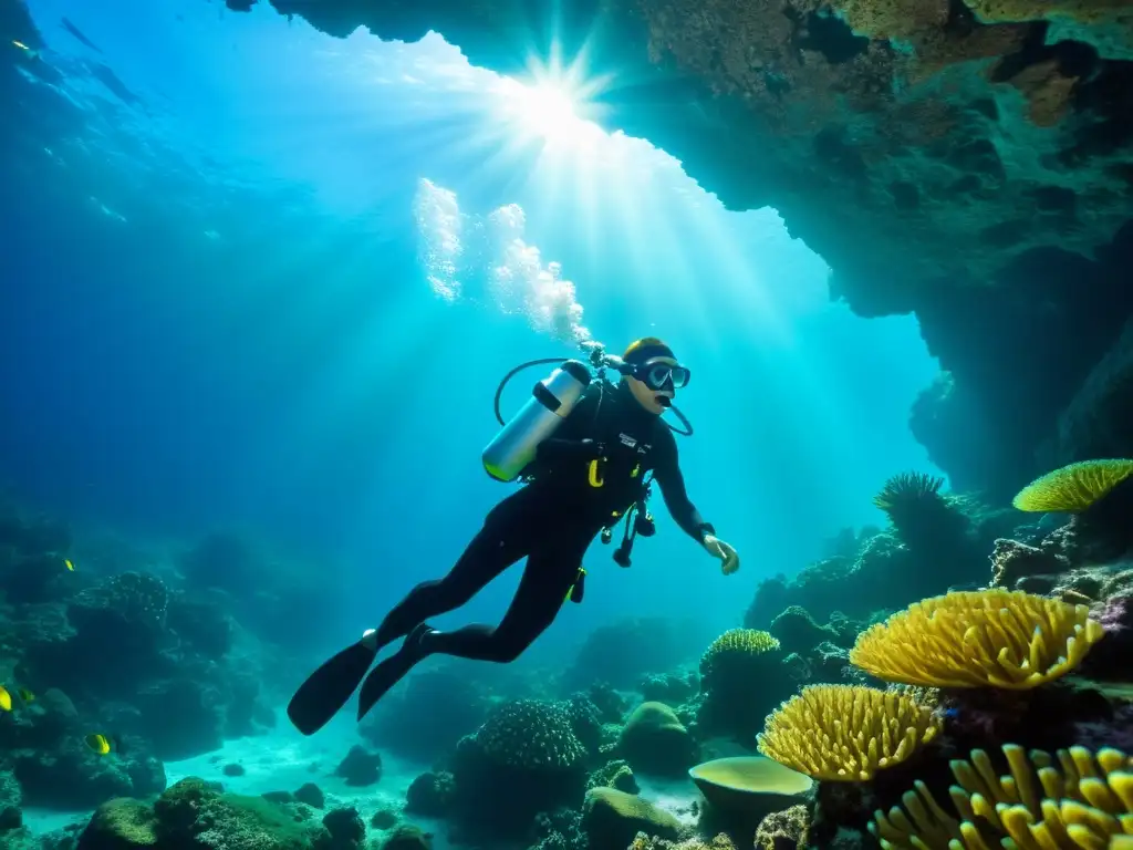 Exploración submarina con integración de GPS en buceo: Diver navegando entre cuevas y corales, rodeado de peces tropicales y luz solar