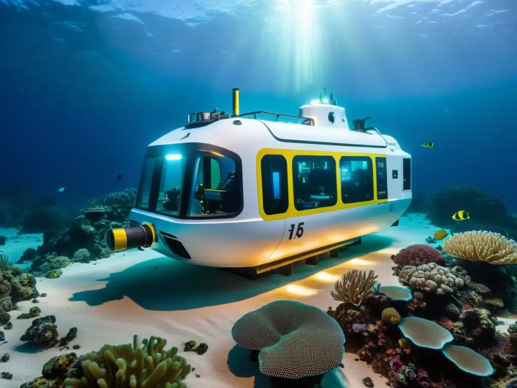 Exploración submarina con inteligencia artificial, tecnología avanzada y vida marina vibrante en las profundidades del océano