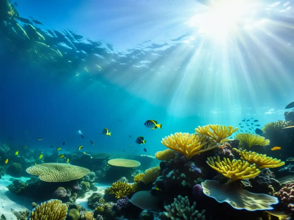 Exploración submarina con inteligencia artificial: un vibrante arrecife de coral, peces coloridos y la danza de la luz y la sombra en el fondo marino