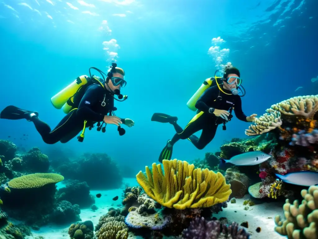 Exploración submarina con intercomunicadores de buceo avanzados en arrecife de coral vibrante y vida marina, transmitiendo colaboración y enfoque