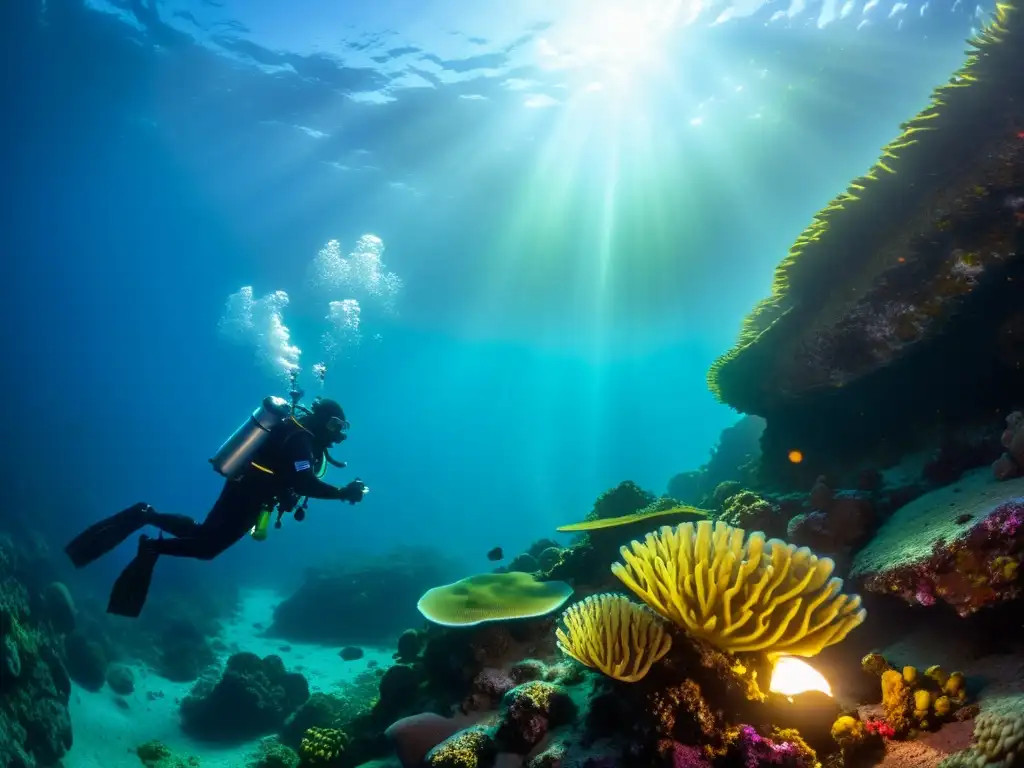 Exploración submarina con kit de buceo técnico profesional, iluminación vibrante y vida marina diversa