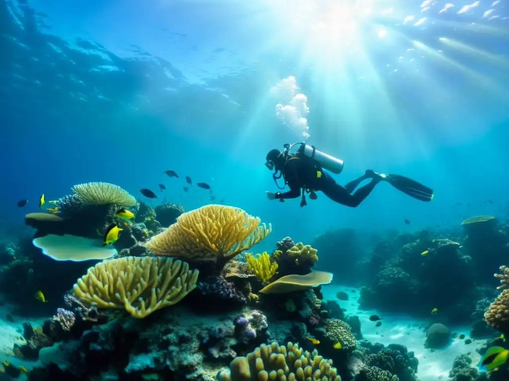 Exploración submarina con un kit de herramientas de buceo, inmersión en arrecife de coral, vida marina vibrante y descubrimiento bajo el mar