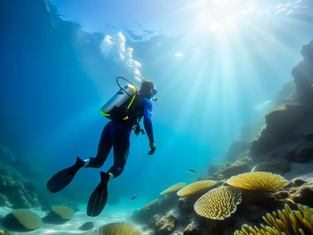 Exploración submarina en lago alpino: agua azul, montañas nevadas, buzo y peces